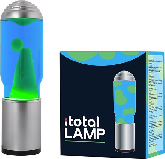 i-Total Lavalamp - Lava Lamp - Sfeerlamp met Aroma Diffuser - 35x10 cm - Glas/Aluminium - 40W - Blauw met groene Lava - Zilvergrijs - XL2199