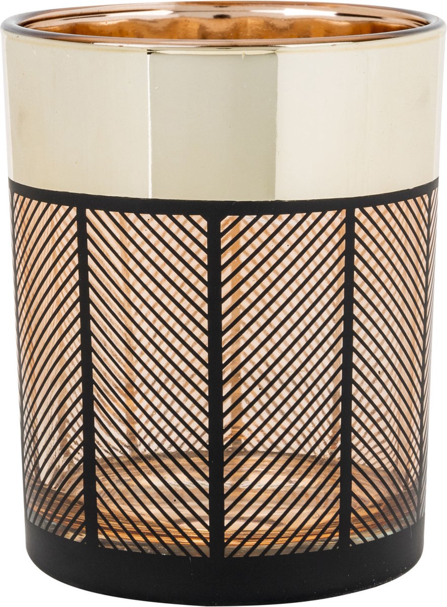 Glazen theelichthouder / waxinelichthouder zwart/goud rond 13 cm - Kaarsenhouder van glas