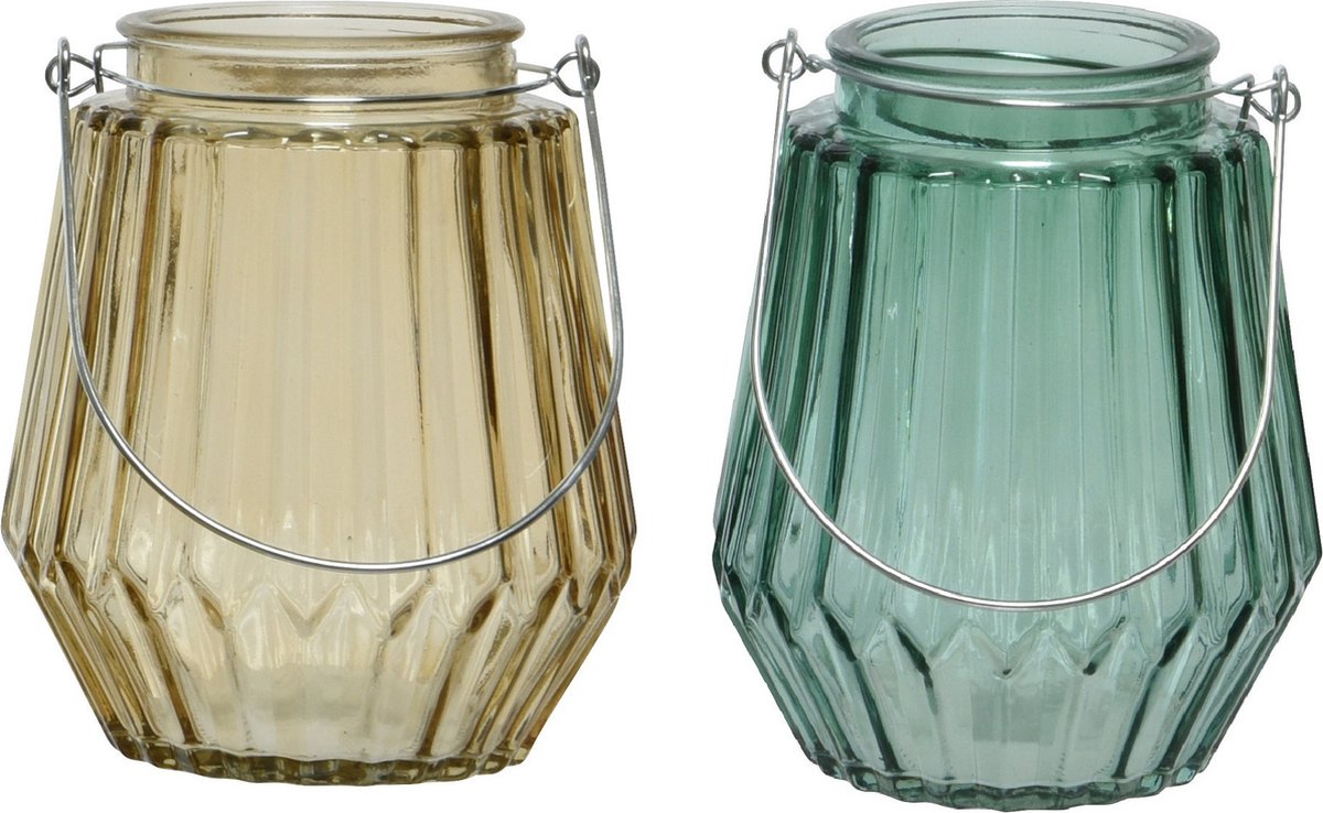 Decoris Set van 2x stuks theelichthouders/waxinelichthouders streep glas taupe en zeegroen met metalen handvat 11 x 13 cm Multi