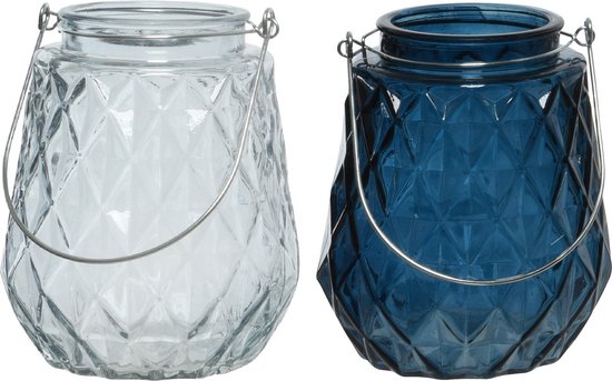 Set van 2x stuks theelichthouders/waxinelichthouders ruitjes glas ijsblauw en donkerblauw met metalen handvat 11 x 13 cm