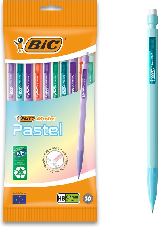 Foto: Bic matic fun pastel vulpotlood hb met vaste gum en 3 navullingen diverse pastel kleuren potlodenset van 10 stuks punt van 0 7mm