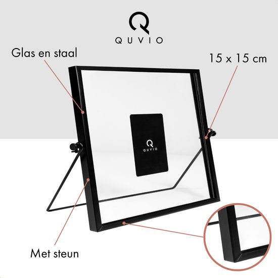 Cadre photo noir en verre et métal de 15 x 15 cm, avec un support métallique.