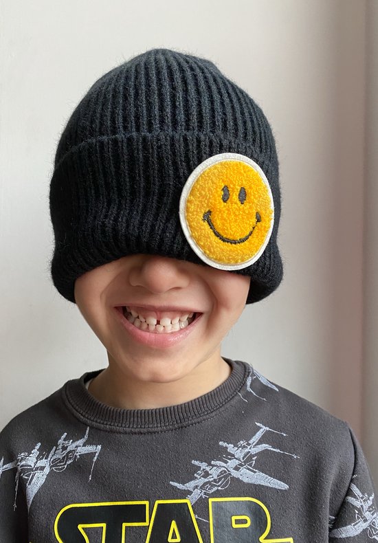 Smiley Beanie - Bonnet - Kids - Accessoires - Bonnets - Bonnet tricoté - Zwart - Unisexe