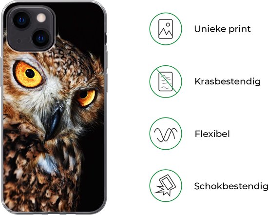Coque iPhone 13 mini - Hibou - Zwart - Jaune - Siliconen