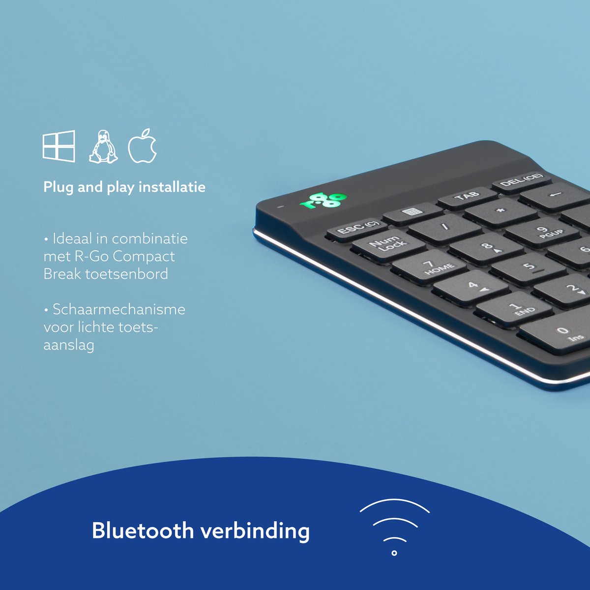 R-Go Numpad - Ergonomisch numeriek toetsenbord - Break software - Bluetooth - Zwart thumbnail 3