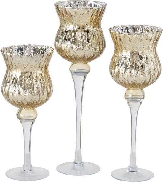 Luxe glazen design kaarsenhouders/windlichten set van 3x stuks metallic goud met formaat tussen de 30 en 40 cm