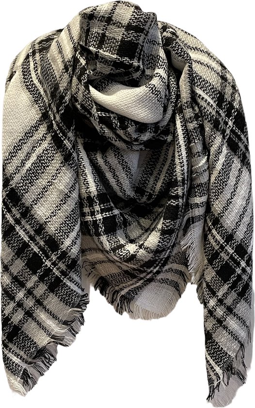 ASTRADAVI Winter Sjaals - Sjaal - Warme en Zachte Dames Omslagdoek - Driehoek Sjaal 140x140 cm - Geruit - Zwart, Wit, Grijs
