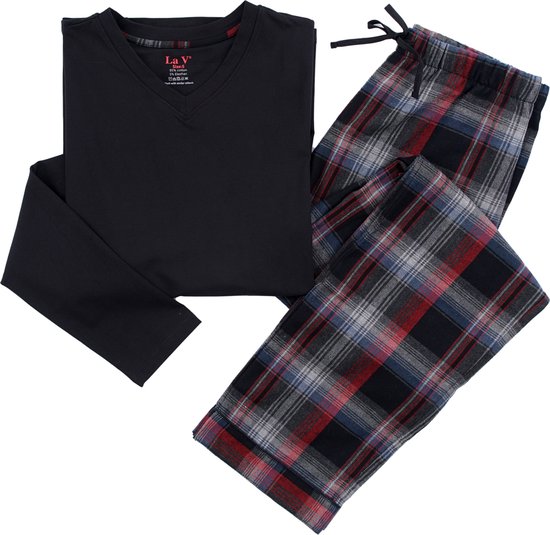La-V pyjama sets voor heren met geruite flanel broek Zwart /Rood S