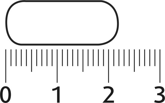 Een capsule van circa 2 cm lang, gemarkeerd naast een liniaal.