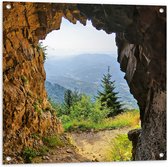 WallClassics - Tuinposter – Mistig Uitzicht op Bergen - 80x80 cm Foto op Tuinposter  (wanddecoratie voor buiten en binnen)