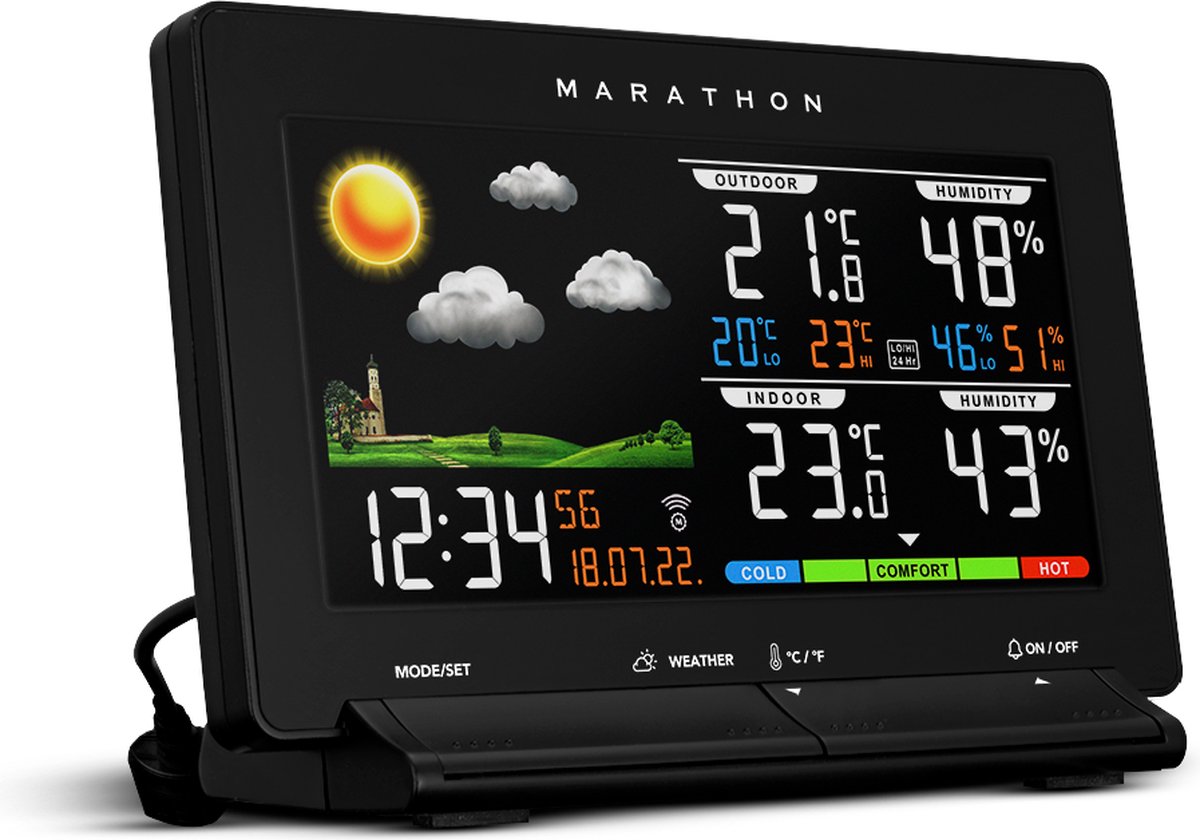Marathon- Lisbon- Weerstation- Kleurenscherm- Alarm-Binnen-en buitentemperatuur- Binnen-en buitenvochtigheidsgraad- Comfortindicator- Geleverd met thermo-hygrosensor-Zwart- Proudly Canadian