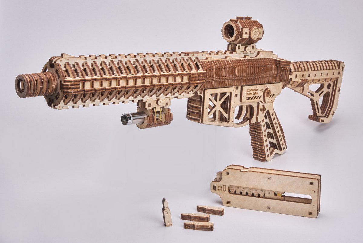 Wood Trick – Modelbouw 3D houten puzzel – Aanvalsgeweer - Assault Gun AR-T (WDTK057) – 496 stuks - Geen lijm noch verf nodig!