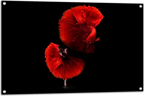 WallClassics - Poster de jardin - Danseuse avec robe rouge et poisson - 105 x 70 cm Photo sur poster de jardin (décoration murale pour extérieur et intérieur)