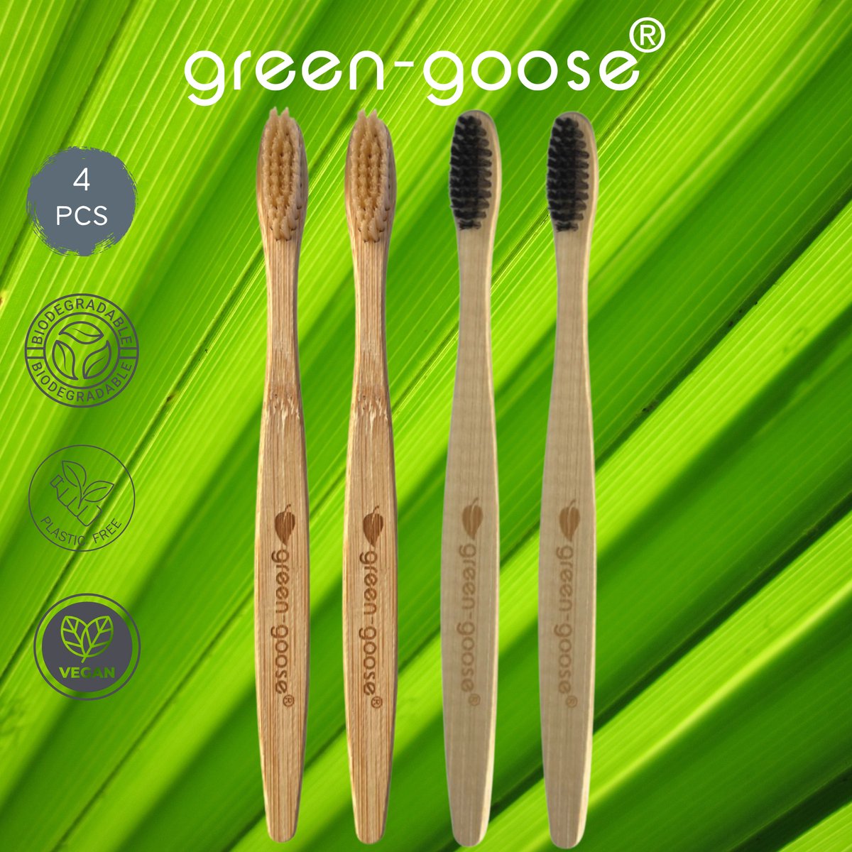 4x Bamboe Tandenborstel VEGAN - Bamboo Tandenborstel - Tandenborstel -Ecologisch - Duurzaam - Middel Zachte Borstel - Biologisch afbreekbare verpakking 100% zonder plastic