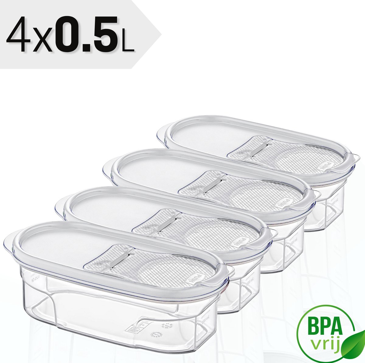 Voorraadpotten Set van 4 - 4x0.5L met witte deksel Voorraadbussen - Vershouddoos - 4 Stuks - BPA vrij - Kunststof