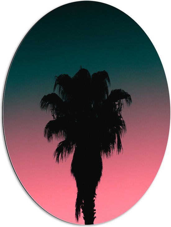 WallClassics - Dibond Ovaal - Silhouet van Palmboom bij Blauw/Roze Lucht - 60x80 cm Foto op Ovaal (Met Ophangsysteem)