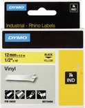 DYMO verpakking met Rhino labels, 12mm x 5.5m, zwarte opdruk op geel.