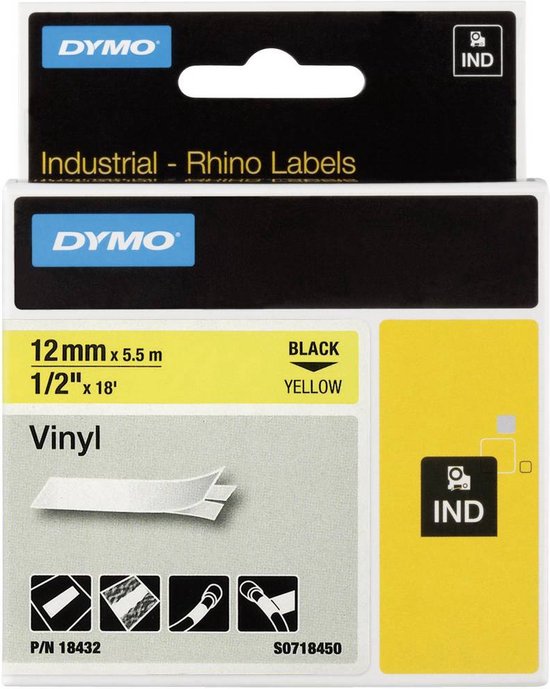 DYMO verpakking met Rhino labels, 12mm x 5.5m, zwarte opdruk op geel.