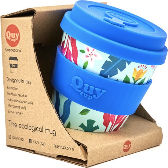 Quy Cup 230 ml Gobelet de voyage écologique - Fleur - Sans BPA - Fabriqué à partir de Bouteilles en PET recyclées avec couvercle en Siliconen Blauw
