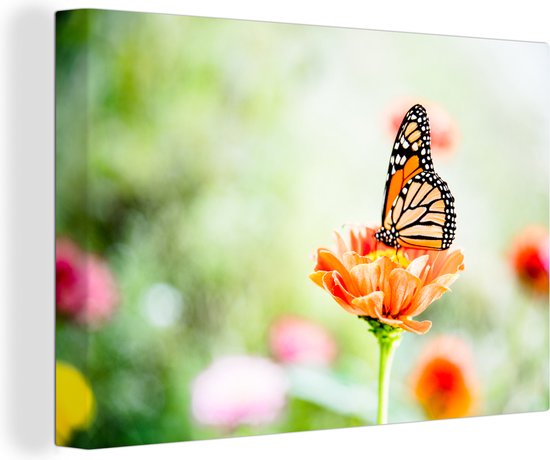 Canvas Schilderij Oranje vlinder in een bloemenveld - 90x60 cm - Wanddecoratie