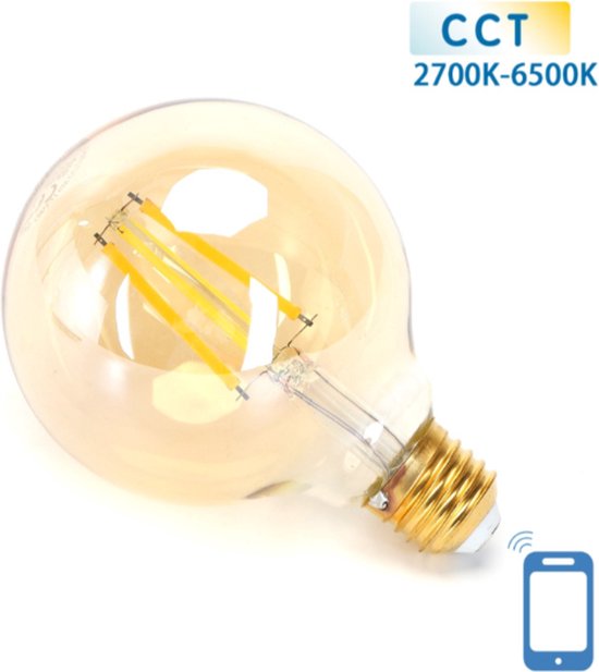 Globe E27 Ampoule 6W WiFi CCT 2700K-6500K | G95 - blanc chaud - LED blanc lumière du jour ~ 806 Lumen - verre ambré - 230 Volt