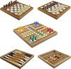 Afbeelding van het spelletje 5 in 1 spellendoos - Houten kist met magnetische sluiting - Inclusief Schaken - Checkers - Backgammon - Mens erger je niet - Molenspel - maat 32cm