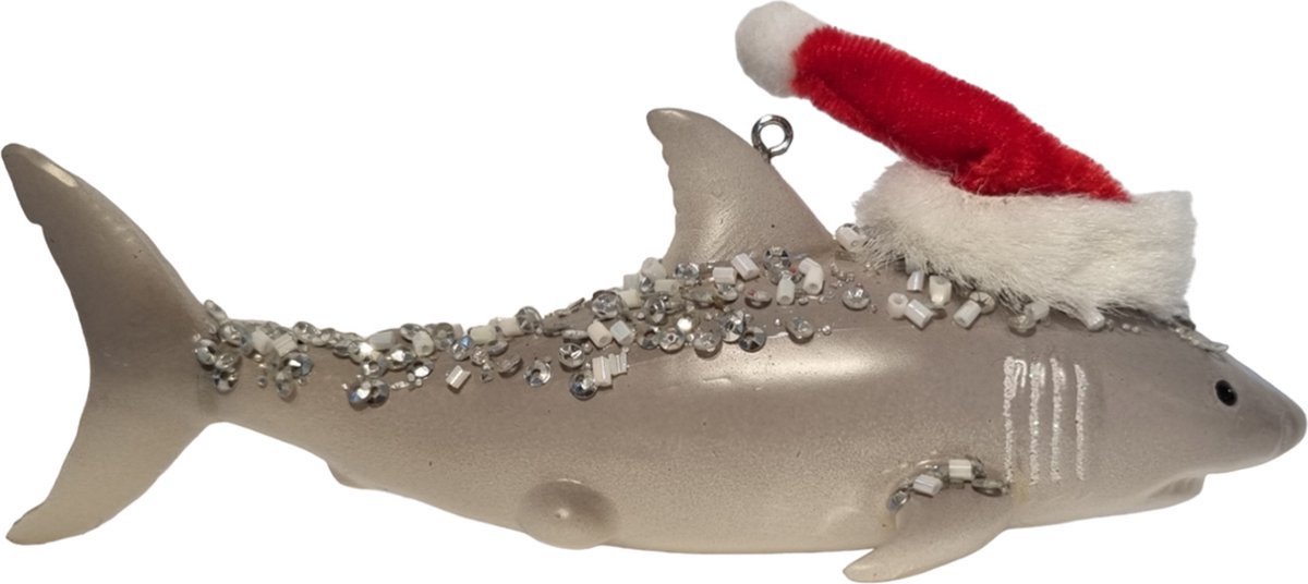 Haai met kerstmuts kerstbal - Jack Mensinga Kerstcollectie