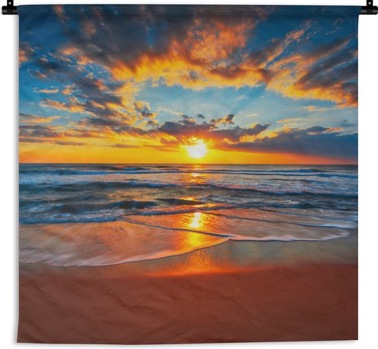 Wandkleed - Wanddoek - Zee - Zonsondergang - Strand - Wolken - Oranje - 120x120 cm - Wandtapijt