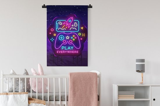 Tapisserie - Tapisserie - Gaming - Néon - Play - Blauw - Nuit - Manette - 60x90 cm - Tapisserie
