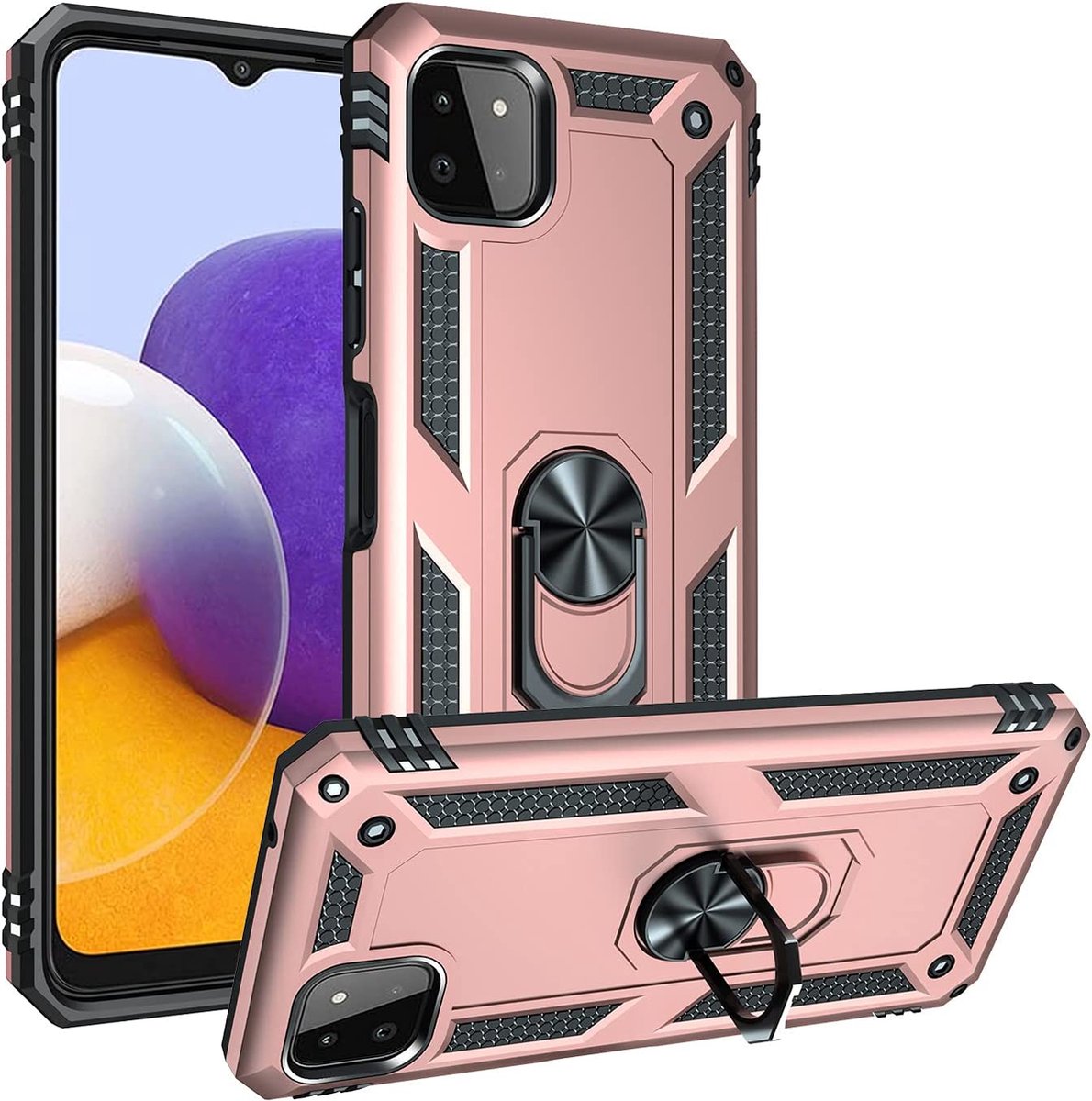 Anti-Shock Hybrid Ring Armor Hoesje Geschikt voor: Samsung Galaxy A22 5G - rosegoud