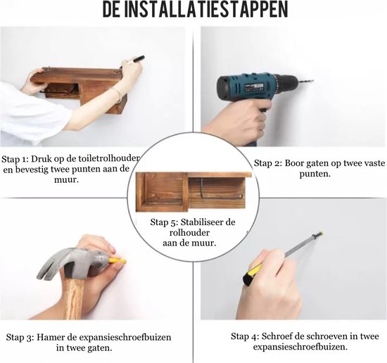 Instructies voor installatie van een houten toiletrolhouder met plank.