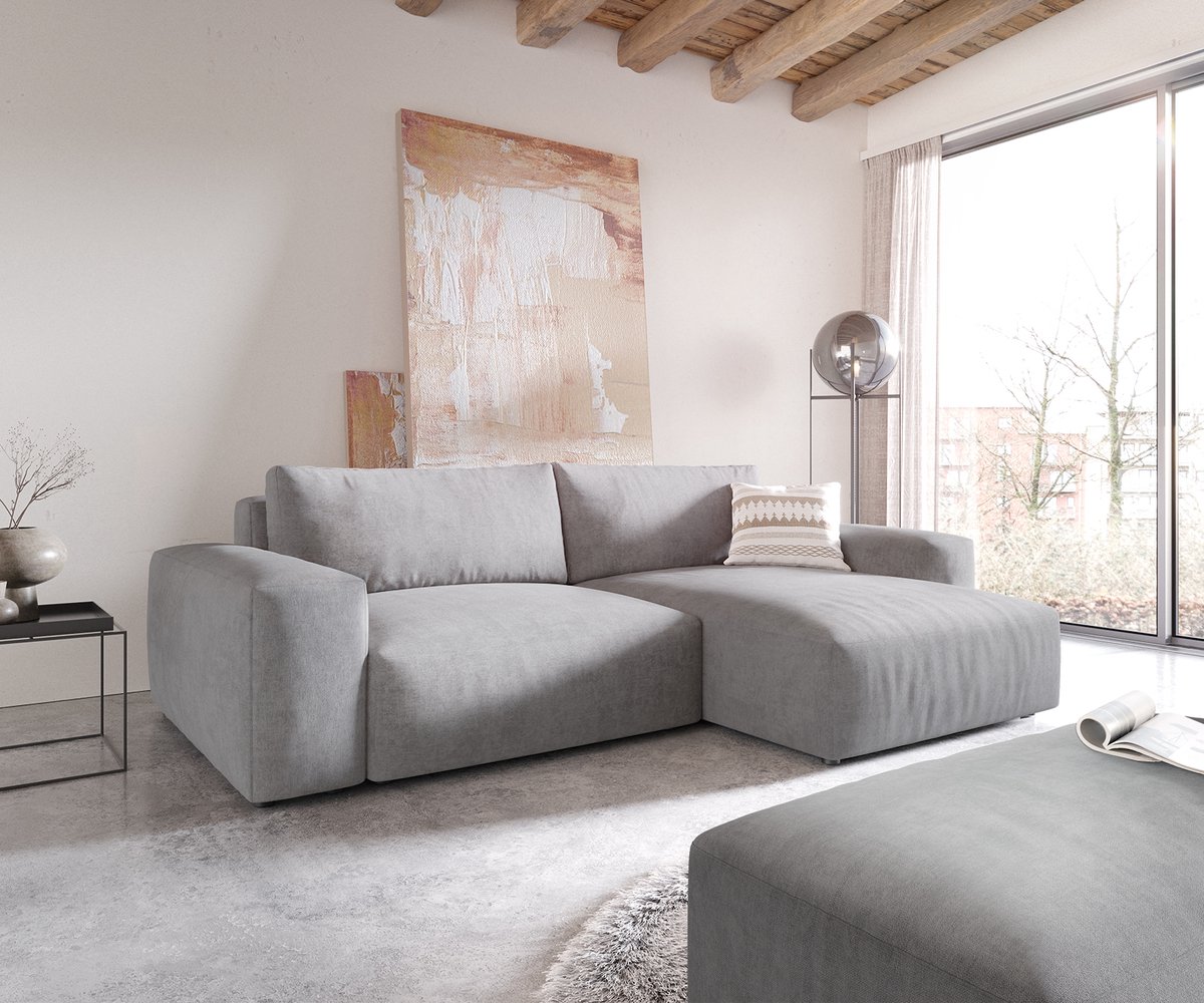 DELIFE Hoekbank Lanzo XL microvezel grijs 270x180 cm recamiere variabel met hocker
