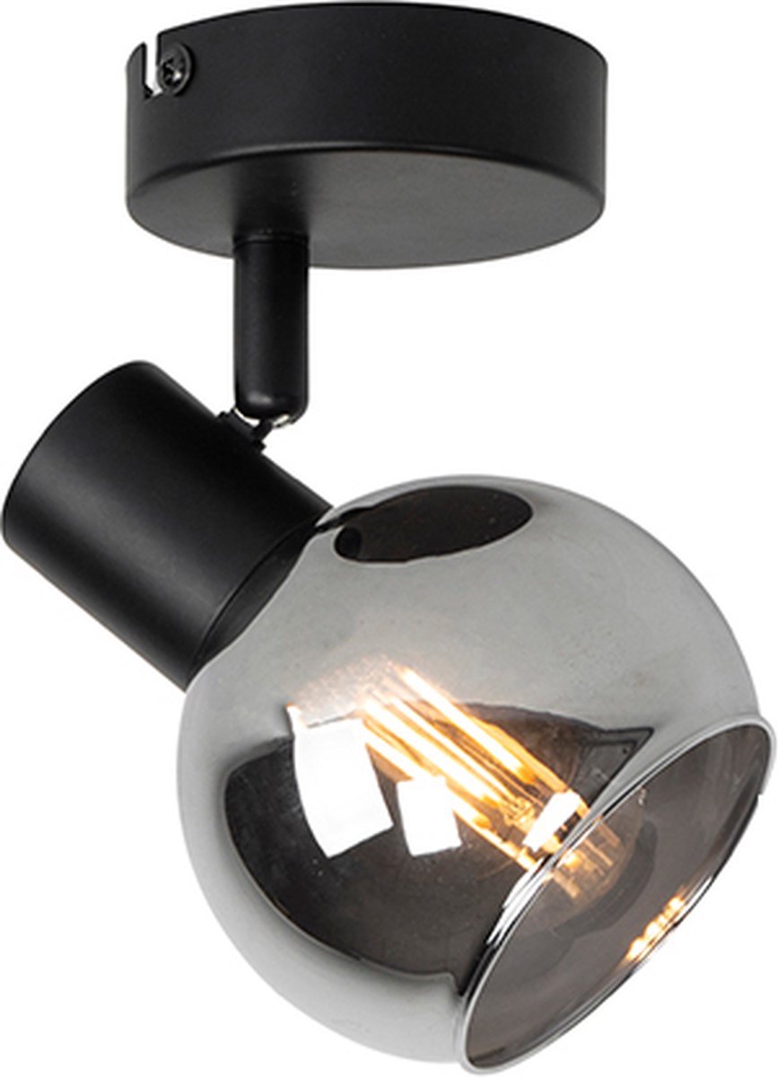 Elumia® Taza Plafondlamp 1 Spot – Ø 10 cm - Zwart Gecoat Metaal met Rookglas – Plafonnière Binnenlamp met Veiligheidsklasse IP20 – E14 Fitting max. 40 W – Sfeervolle Opbouwspot - Dimbaar - Art Deco