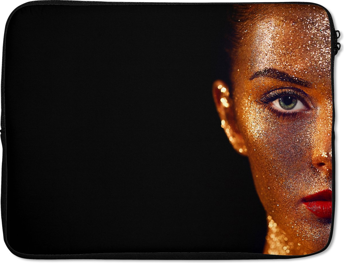 Laptophoes 15.6 inch - Make up - Goud - Vrouw - Luxe - Glitter - Kunst - Laptop sleeve - Binnenmaat 37x26 cm - Zwarte achterkant