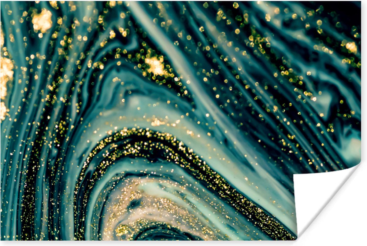 Poster Marmerlook - Luxe - Goud - Turquoise - Glitter - 90x60 cm