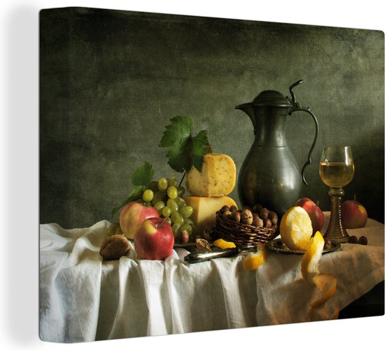 Canvas Schilderij Rustiek - Kaas - Theekan - Fruit - Stilleven - 40x30 cm - Wanddecoratie