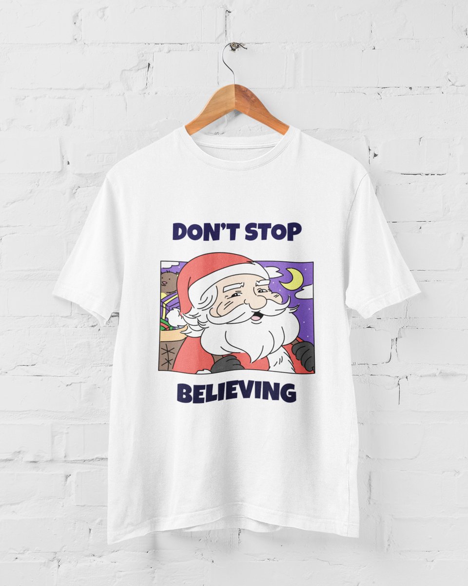 Christmas T-Shirt | Don't Stop Believing | Cartoon | 100% Organisch Katoen | Wit | Maat S