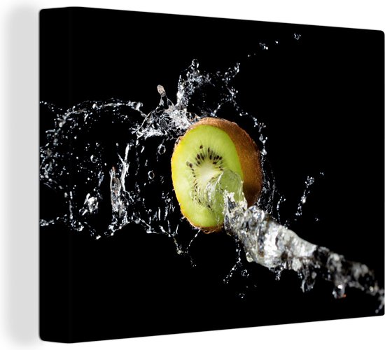 Canvas schilderij 160x120 cm - Wanddecoratie Kiwi - Fruit - Stilleven - Water - Zwart - Muurdecoratie woonkamer - Slaapkamer decoratie - Kamer accessoires - Schilderijen