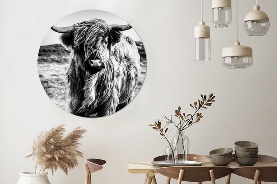 WallCircle - Cercle Mural - Cercle Mural - Scottish Highlander - Nature - Vache - Zwart - Wit - Aluminium - Dibond - 120x120 cm - Intérieur et Extérieur XXL