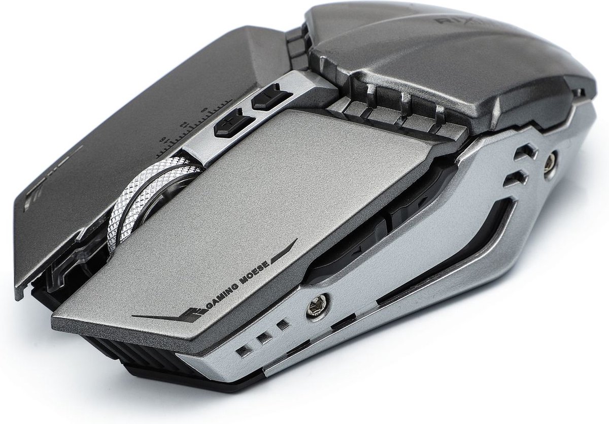 Rixus - Bluetooth Gaming Muis Draadloos - Oplaadbaar - 3 Versnellingen - Computer/Laptop - Bereik 10m - Ergonomisch - Led Verlichting - Rechtshandig - Metallic Silver