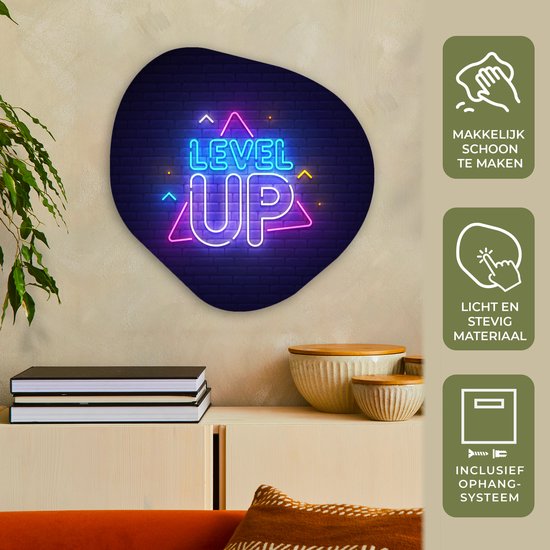 Organische Wanddecoratie - Kunststof Muurdecoratie- Organisch Schilderij - Gaming - Neon - Level Up - Quotes - Gamen- 60x60 cm - Organische spiegel vorm op kunststof