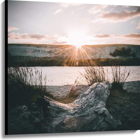 WallClassics - Canvas  - Ondergaande Zon aan Duinen - 100x100 cm Foto op Canvas Schilderij (Wanddecoratie op Canvas)