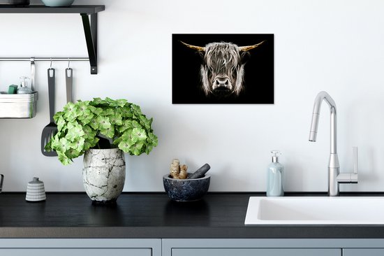 Cadre photo avec affiche Zwart Wit- Scottish Highlander - Or - Cornes - Zwart Blanc - Vache - Animaux - 30x20 cm - Cadre pour affiche