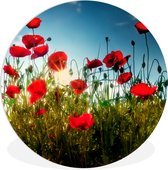WallCircle - Wandcirkel 30x30 - Klaprozen - Toscane - Zon - Rood - Blauw - Ronde schilderijen woonkamer - Wandbord rond - Muurdecoratie cirkel - Kamer decoratie binnen - Wanddecoratie muurcirkel - Woonaccessoires