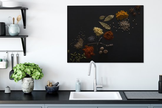 Canvas Schilderij Kruiden - Zwart - Specerijen - Keuken - Koken - 80x60 cm - Wanddecoratie