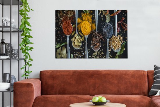 Tableau sur toile Herbes - Cuillère - Épices - Zwart - Cuisine - 140x90 cm - Décoration murale