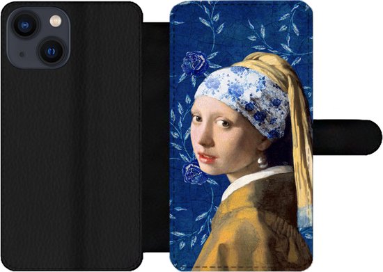Telefoonhoesje Geschikt voor iPhone 13 Mini telefoonhoesje - Meisje met de parel - Delfts blauw - Vermeer - Bloemen - Schilderij - Oude meesters - Met vakjes - Wallet case met magneetsluiting