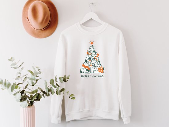 Lykke Merry Catmas Sweatshirt |Meowy Christmas | Unisex| Heren – Dames |Wit | Maat S