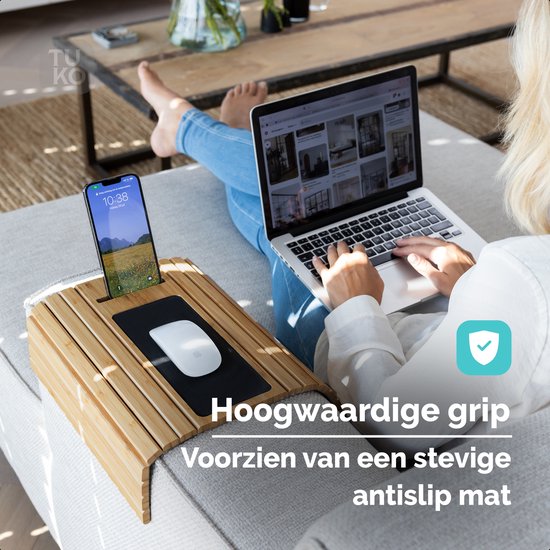 Plateau d'accoudoir Tuko - Bamboe - Flexible - Antidérapant - Support de téléphone - Organiseur - Rectangle Dienbled - Plateau carré