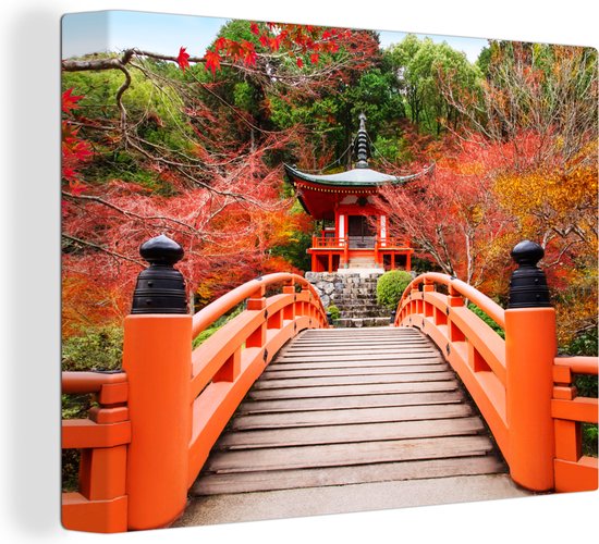 Tableau Toile Pagode Japon Cerisier En Fleurs 90x60 Cm - Décoration Murale Orientale Grise
